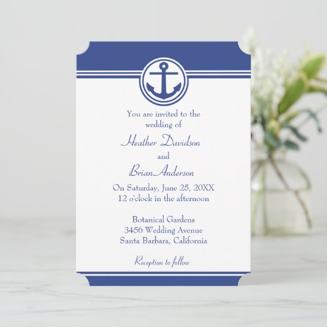 Navy Blue Nautical Anchor Wedding Invitation (Standing Front)
