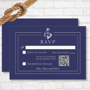 Navy Blue Nautical Anchor Wedding QR Code RSVP Card