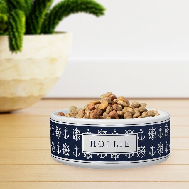 Navy Blue Nautical Anchor & Wheel Pattern Pet Bowl (Creator Uploaded)