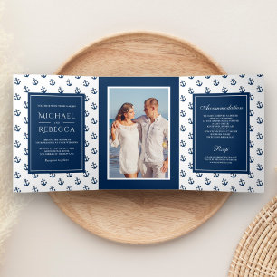 Navy Blue Nautical Anchors Photo Wedding Tri-Fold Invitation
