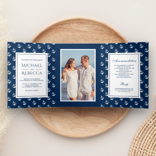 Navy Blue Nautical Anchors Photo Wedding Tri-Fold Invitation (Creator Uploaded)