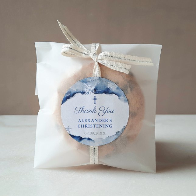 Navy Blue Nautical Baptism Thank You With Cross Square Sticker (Nautical Christening or Baptism favor thank you sticker with Holy Cross)
