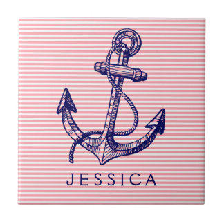 Navy Blue Nautical Boat Anchor 2 And Pink Stripes Tile