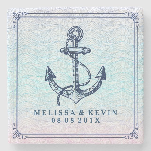 Navy Blue Nautical Boat Anchor Abstract Waves Stone Coaster (Front)