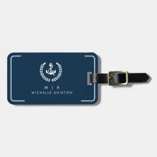 Navy Blue Nautical Boat Anchor Monogram Custom Luggage Tag