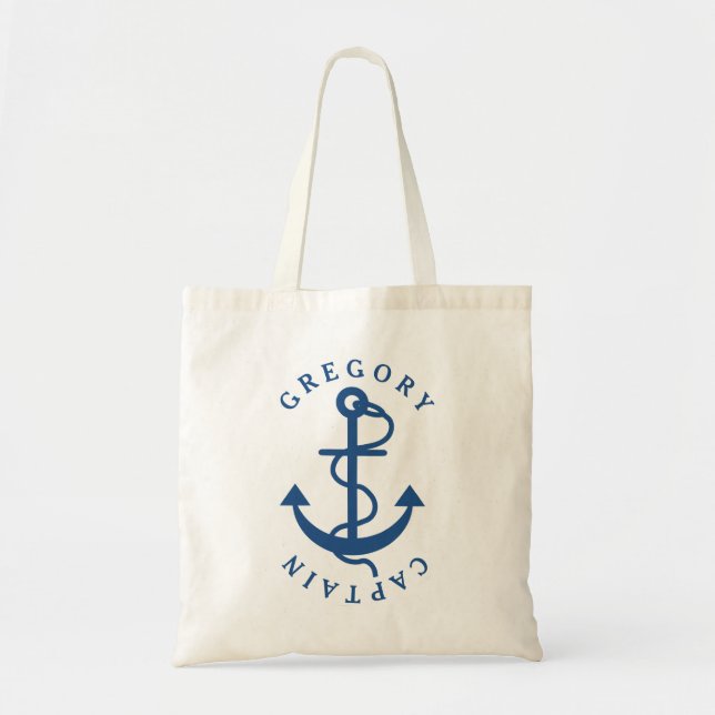 Navy Blue Nautical Boat Anchor Monogramed Tote Bag (Front)