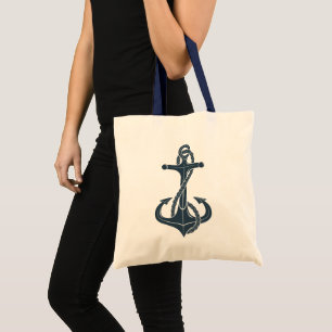 Navy-blue nautical boat anchor tote bag