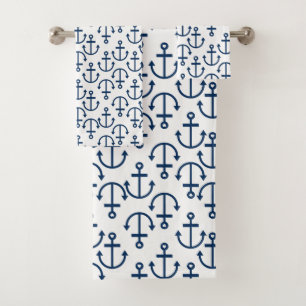 Navy-blue nautical boat anchors bath towel set
