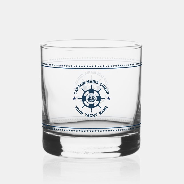Navy Blue Nautical Boat Wheel Blue Stars Whiskey Glass (Front)