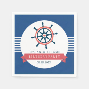 Navy Blue Nautical Boat Wheel & Stripes Napkin