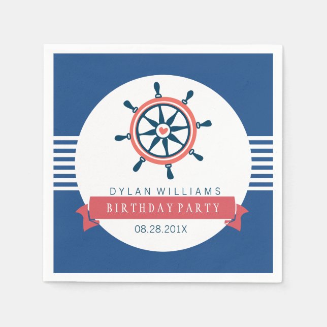 Navy Blue Nautical Boat Wheel & Stripes Napkin (Front)