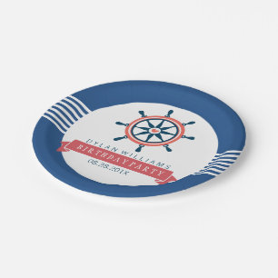 Navy Blue Nautical Boat Wheel & Stripes Paper Plate