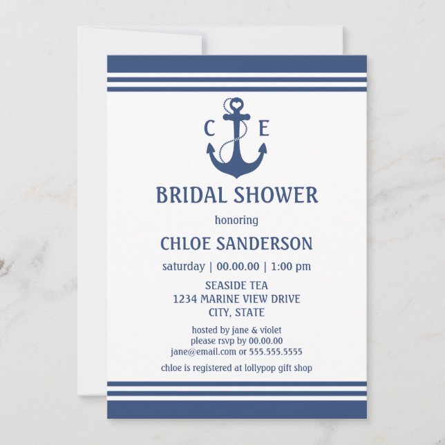 Navy Blue Nautical Bridal Shower Invitations (Front)