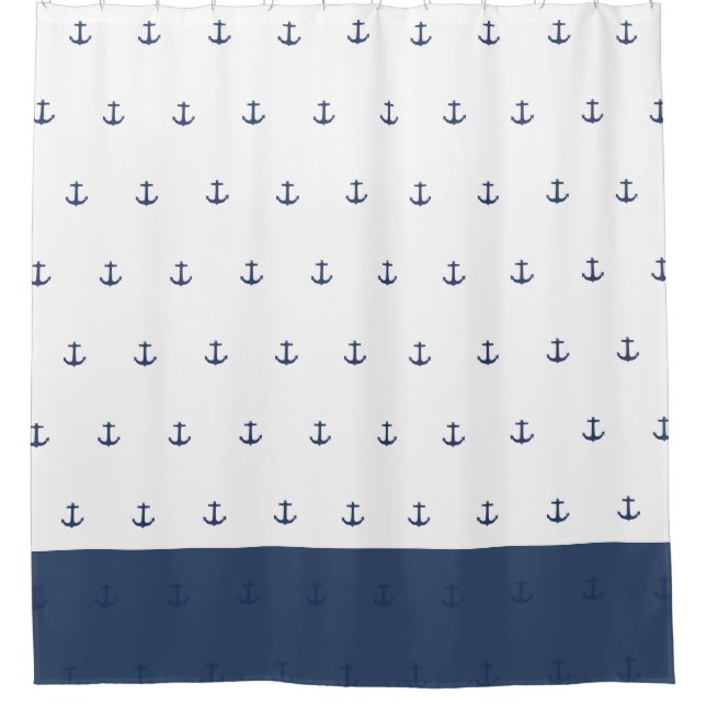 Navy Blue Nautical Classic Anchor Shower Curtain (Front)