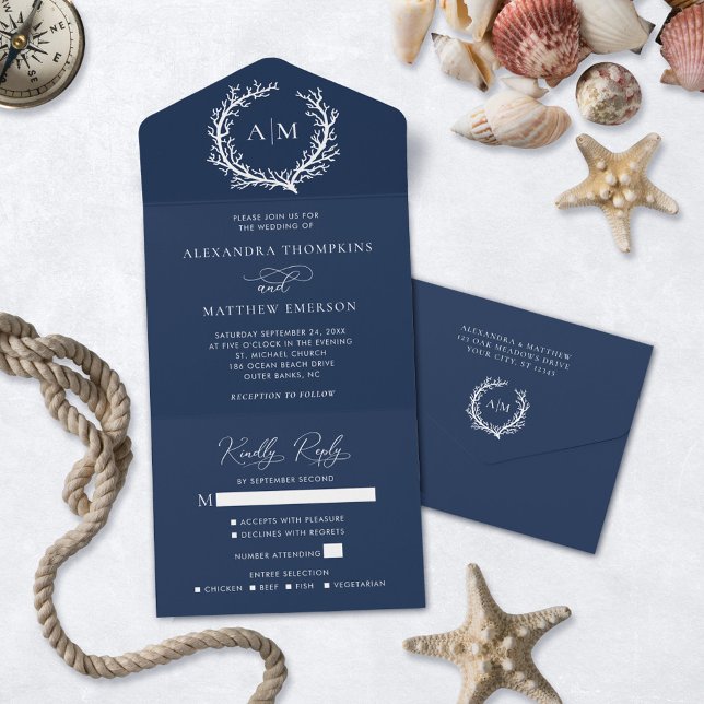 Navy Blue Nautical Coral Reef Wedding All In One Invitation (Creator Uploaded)