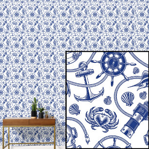 Navy Blue Nautical Design on White  Wallpaper
