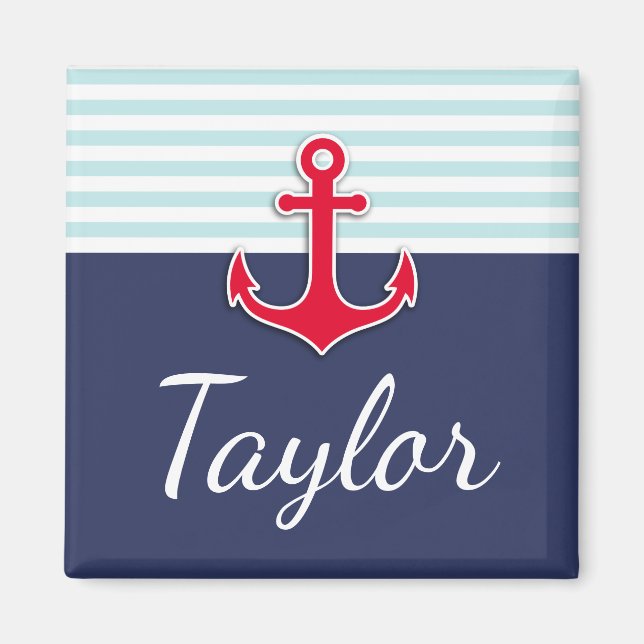 Navy Blue Nautical Design Personalised Text Magnet (Front)