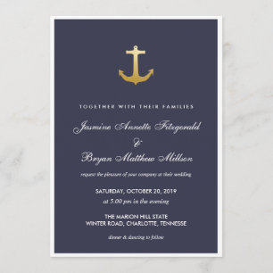 Navy Blue Nautical Faux Gold Foil Anchor Wedding Invitation