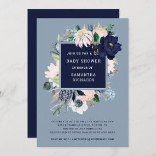 Navy Blue Nautical Floral   Baby Shower Invitation
