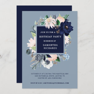 Navy Blue Nautical Floral   Birthday Party Invitation