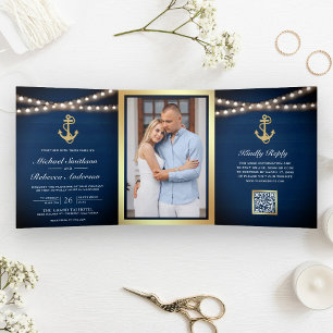 Navy Blue Nautical Gold Anchor QR Code Wedding Tri-Fold Invitation