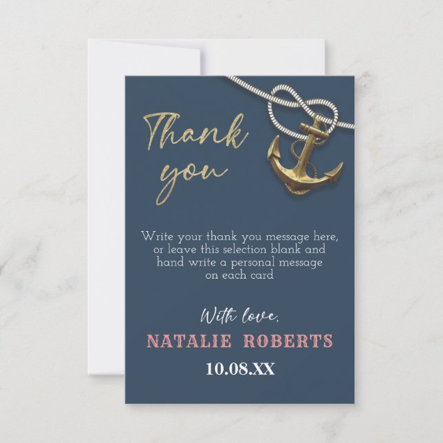 Navy Blue Nautical Gold Anchor Rope Bridal Shower Thank You Card (Front)