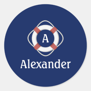 Navy Blue Nautical Lifesaver Monogram Classic Round Sticker