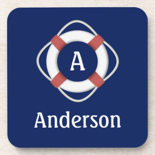 Navy Blue Nautical Lifesaver Monogram Coaster