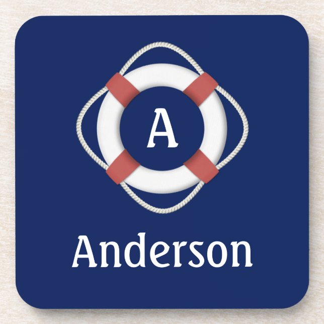 Navy Blue Nautical Lifesaver Monogram Coaster (Front)