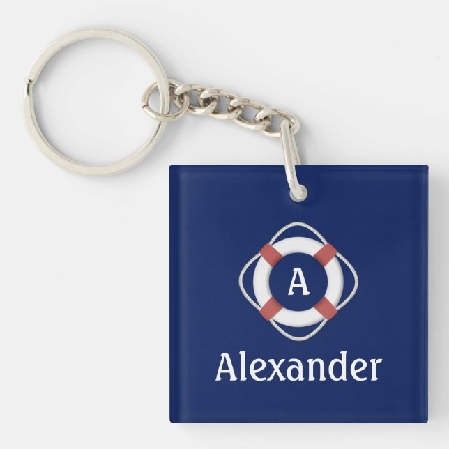 Navy Blue Nautical Lifesaver Monogram Key Ring (Front)