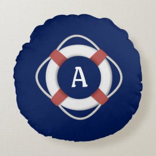 Navy Blue Nautical Lifesaver Monogram Round Cushion