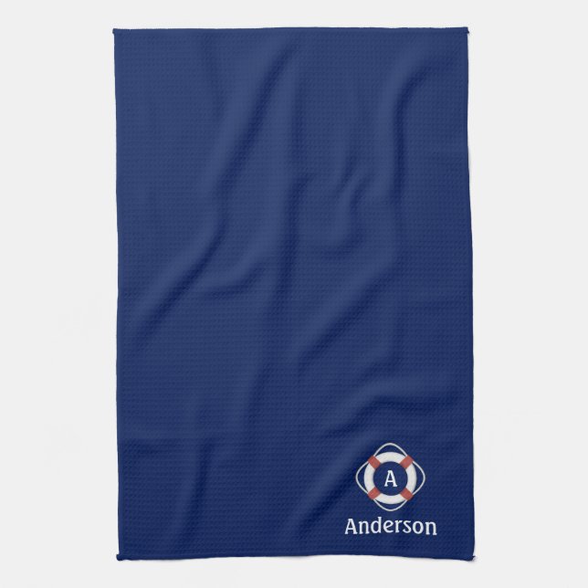 Navy Blue Nautical Lifesaver Monogram Tea Towel (Vertical)