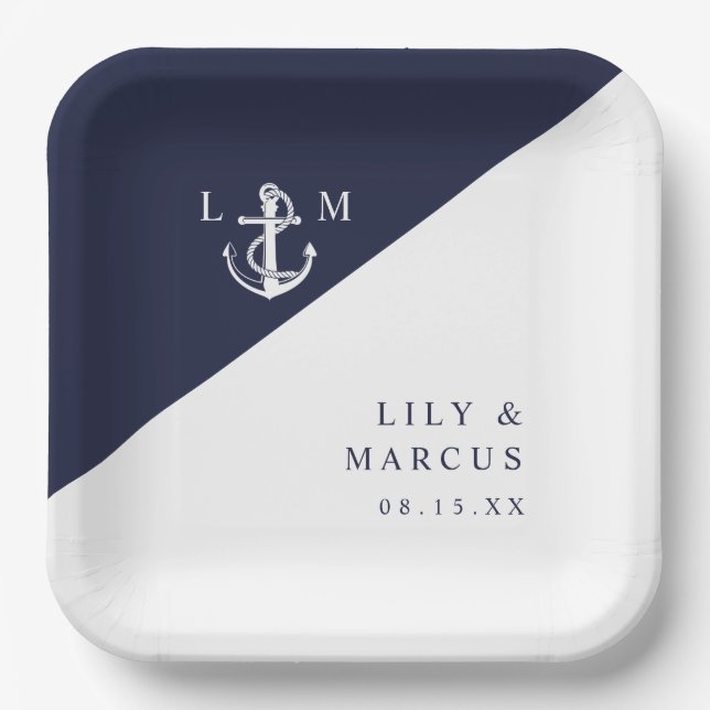 Navy Blue Nautical Minimalist Monogram Wedding Paper Plate (Front)
