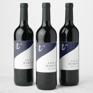 Navy Blue Nautical Modern Elegant Monogram Wedding Wine Label