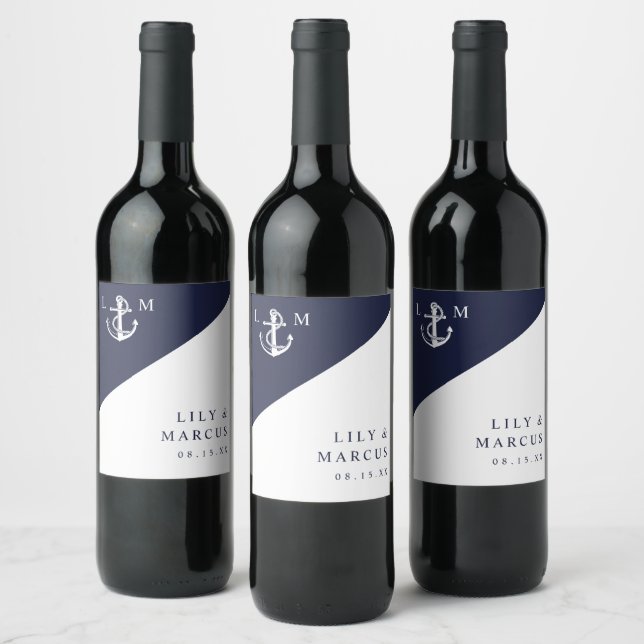 Navy Blue Nautical Modern Elegant Monogram Wedding Wine Label (Bottles)