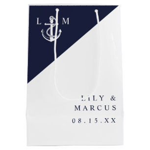 Navy Blue Nautical Mongoram Minimalist Wedding Medium Gift Bag