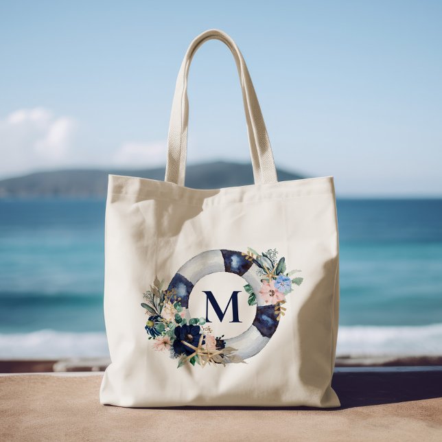 Navy Blue Nautical Monogram Floral Bridesmaid Tote Bag (Creator Uploaded)
