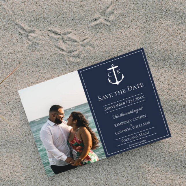 Navy Blue Nautical Monogram Photo Save the Date (Navy Nautical Monogram Photo Save the Date)