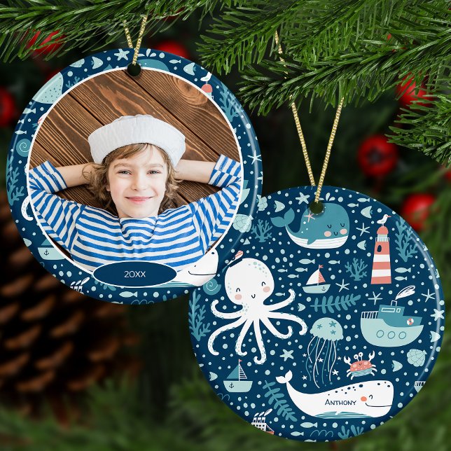 Navy Blue Nautical Ocean Boy Photo Christmas Ceramic Ornament (Creator Uploaded)