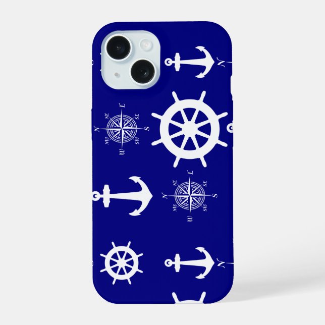 Navy Blue Nautical Pattern iPhone 15 Case (Back)
