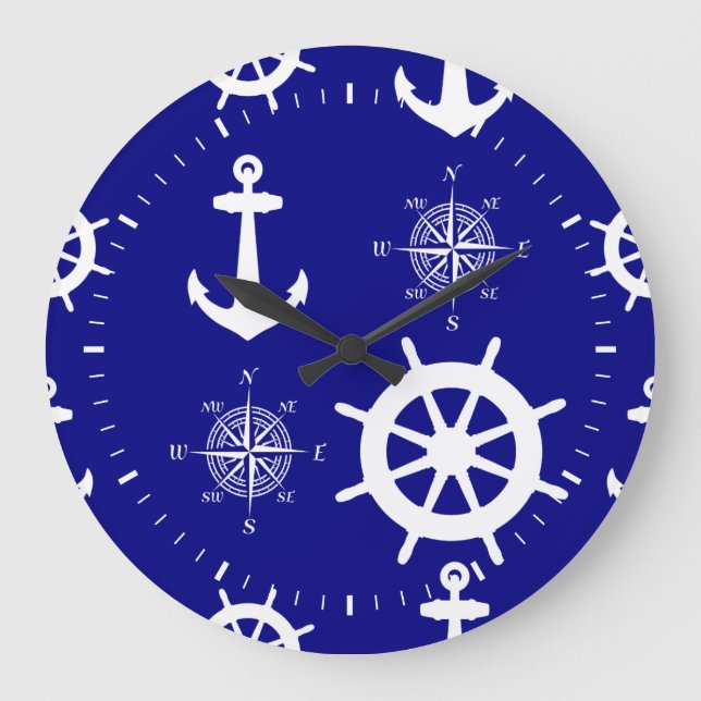 Navy Blue Nautical Pattern Large Clock (Front)