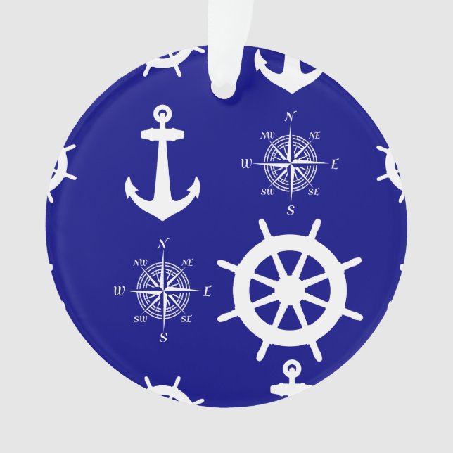 Navy Blue Nautical Pattern Ornament (Front)