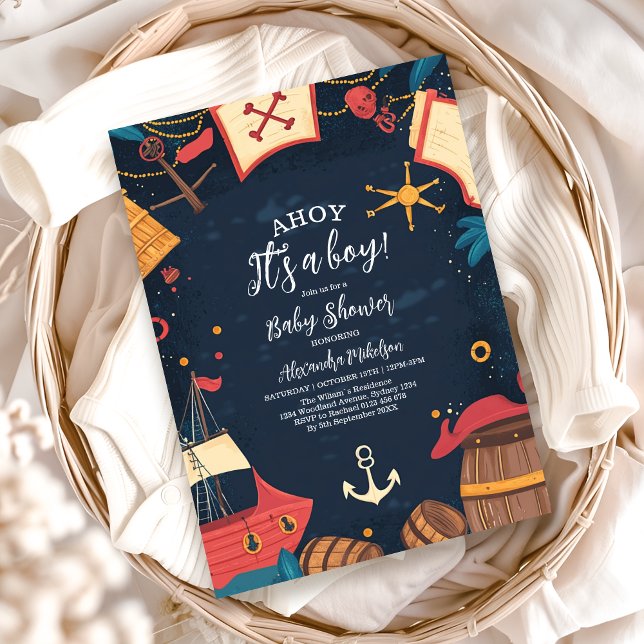 Navy Blue Nautical Pirate Baby Shower Invitation (Creator Uploaded)
