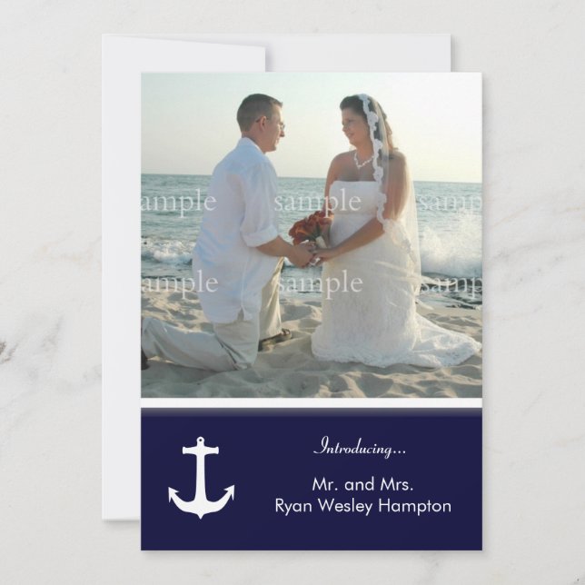 Navy Blue Nautical Post-Wedding Photo Invitations (Front)