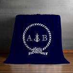 Navy Blue Nautical Rope and Anchor Monogrammed Fleece Blanket<br><div class="desc">Modern and trendy design features a nautical rope and anchor illustration and can be personalised with your monogram,  initials,  name,  or text of your choice for a one of a kind gift.</div>