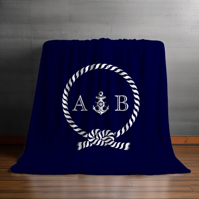 Navy Blue Nautical Rope and Anchor Monogrammed Fleece Blanket (Creator Uploaded)
