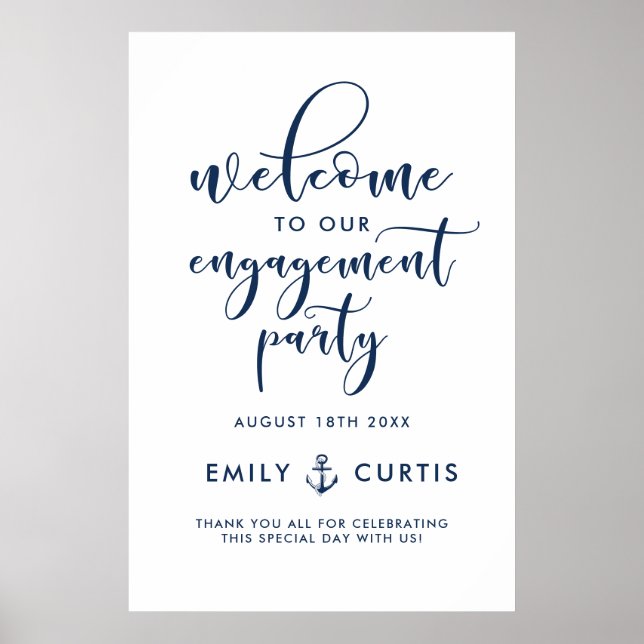 Navy Blue Nautical Script Engagement Party Welcome Poster (Front)
