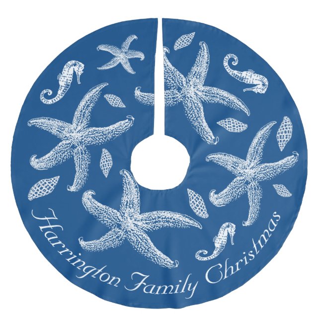 Navy Blue Nautical Sea Life Design Custom Text Brushed Polyester Tree Skirt (Front)