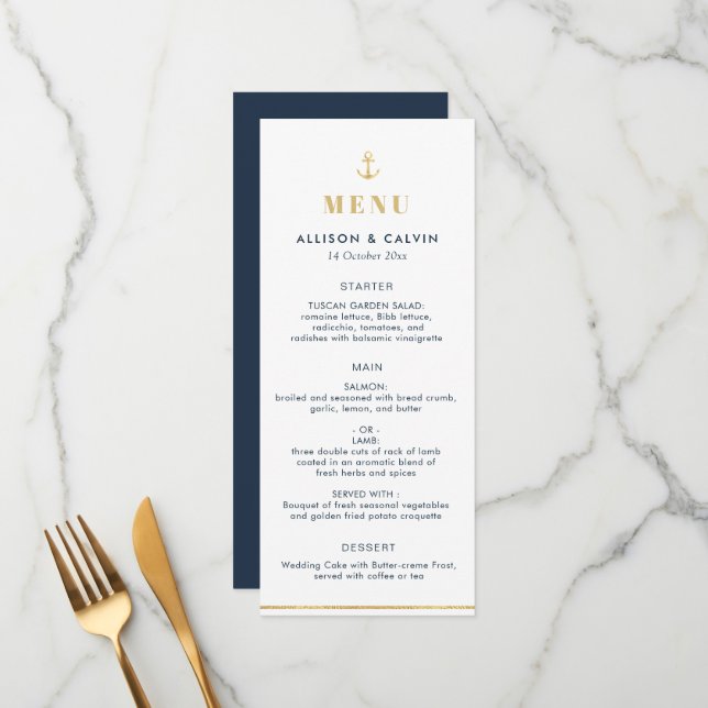 Navy blue nautical sea wedding menu (Front/Back In Situ)