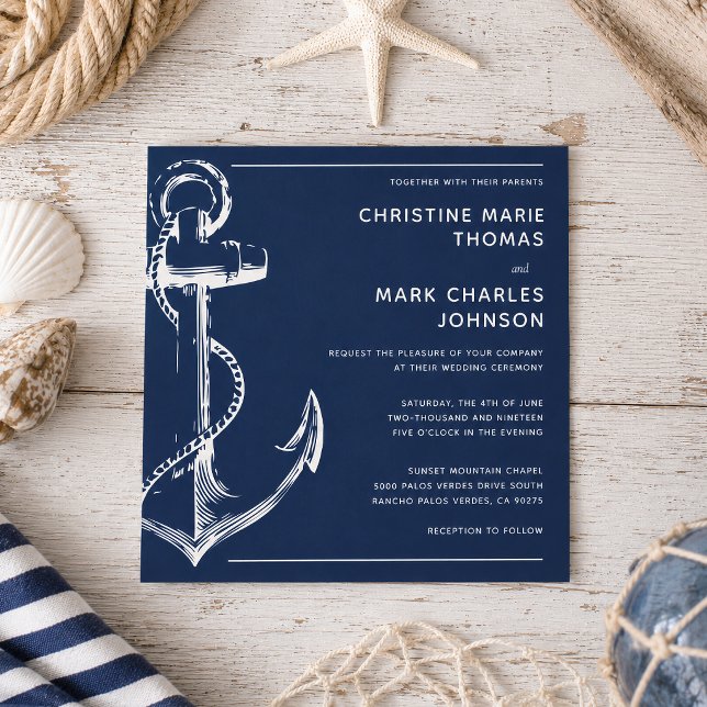 Navy Blue Nautical Ship Anchor Wedding Invitation (Tie the knot with this nautical sketch anchor wedding square invitation.)